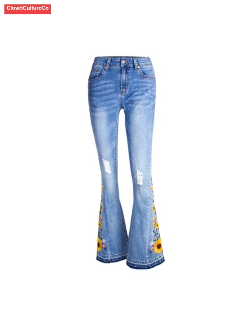 Wide Leg Floral Embroidered Bell Bottom Flare Jeans
